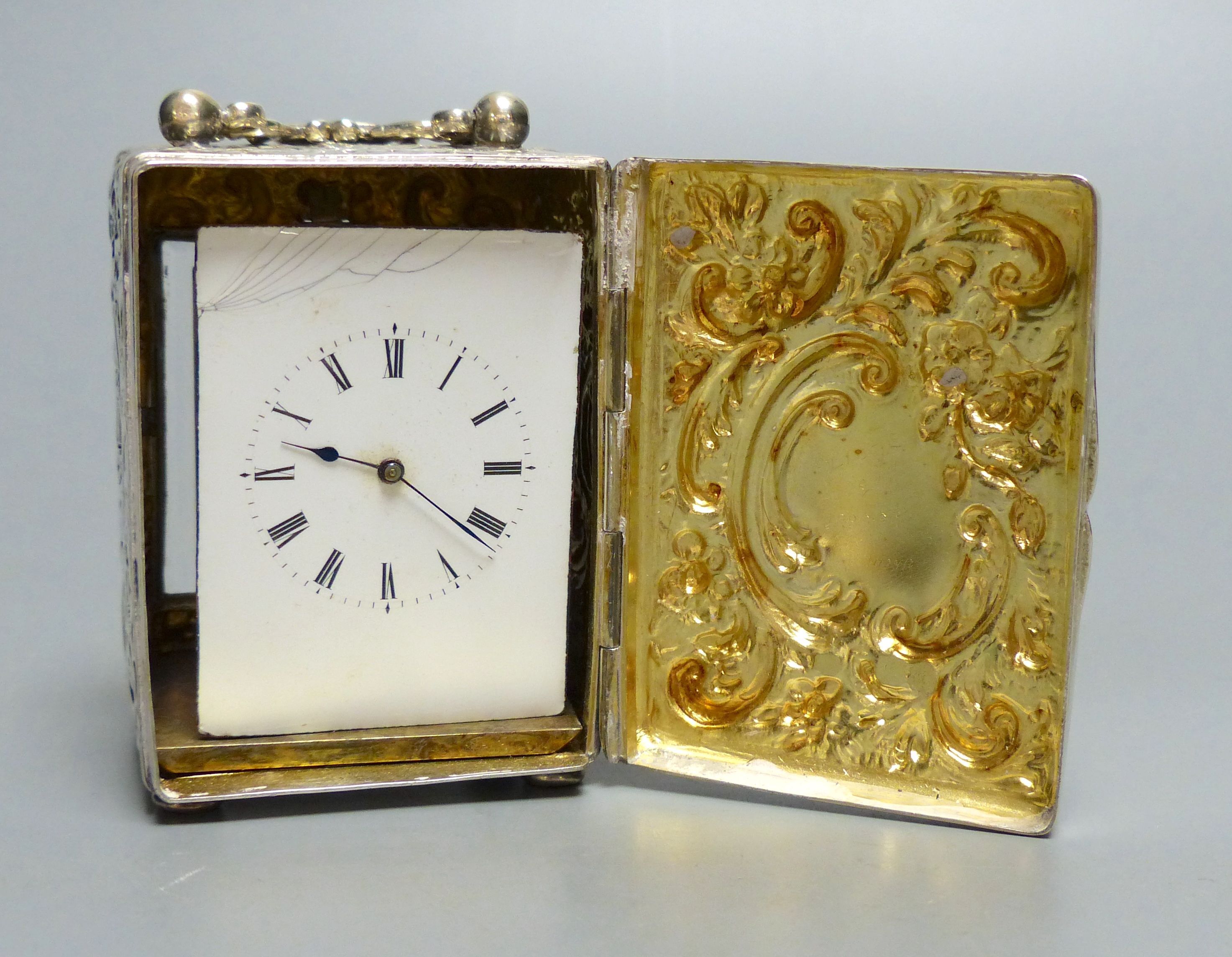 A late Victorian silver cased carriage timepiece, Charles Henry Dumenil, London, 1892, 7cm.